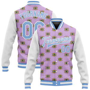 Custom Light Purple Light Blue-White Evil Eyes 3D Pattern Design Bomber Full-Snap Varsity Letterman Jacket