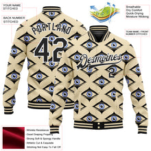 Загрузить изображение в средство просмотра галереи, Custom Cream Black-White Evil Eyes 3D Pattern Design Bomber Full-Snap Varsity Letterman Jacket
