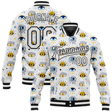 Загрузить изображение в средство просмотра галереи, Custom White Black Evil Eyes 3D Pattern Design Bomber Full-Snap Varsity Letterman Jacket
