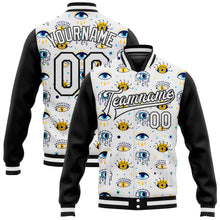 Загрузить изображение в средство просмотра галереи, Custom White Black Evil Eyes 3D Pattern Design Bomber Full-Snap Varsity Letterman Jacket
