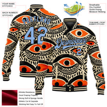 Загрузить изображение в средство просмотра галереи, Custom Cream Light Blue-Black Evil Eyes 3D Pattern Design Bomber Full-Snap Varsity Letterman Jacket
