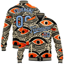 Загрузить изображение в средство просмотра галереи, Custom Cream Light Blue-Black Evil Eyes 3D Pattern Design Bomber Full-Snap Varsity Letterman Jacket
