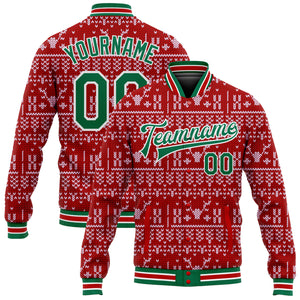 Custom Red Kelly Green-White Christmas 3D Bomber Full-Snap Varsity Letterman Jacket