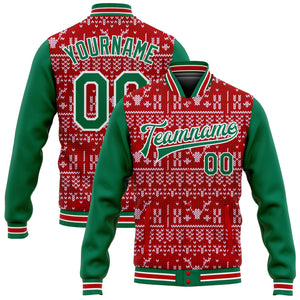 Custom Red Kelly Green-White Christmas 3D Bomber Full-Snap Varsity Letterman Jacket