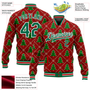 Custom Red Kelly Green-White Christmas 3D Bomber Full-Snap Varsity Letterman Jacket