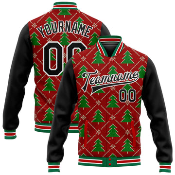 Custom Red Black-Kelly Green Christmas 3D Bomber Full-Snap Varsity Letterman Jacket