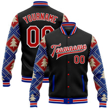 Загрузить изображение в средство просмотра галереи, Custom Black Red-Royal Christmas 3D Bomber Full-Snap Varsity Letterman Jacket
