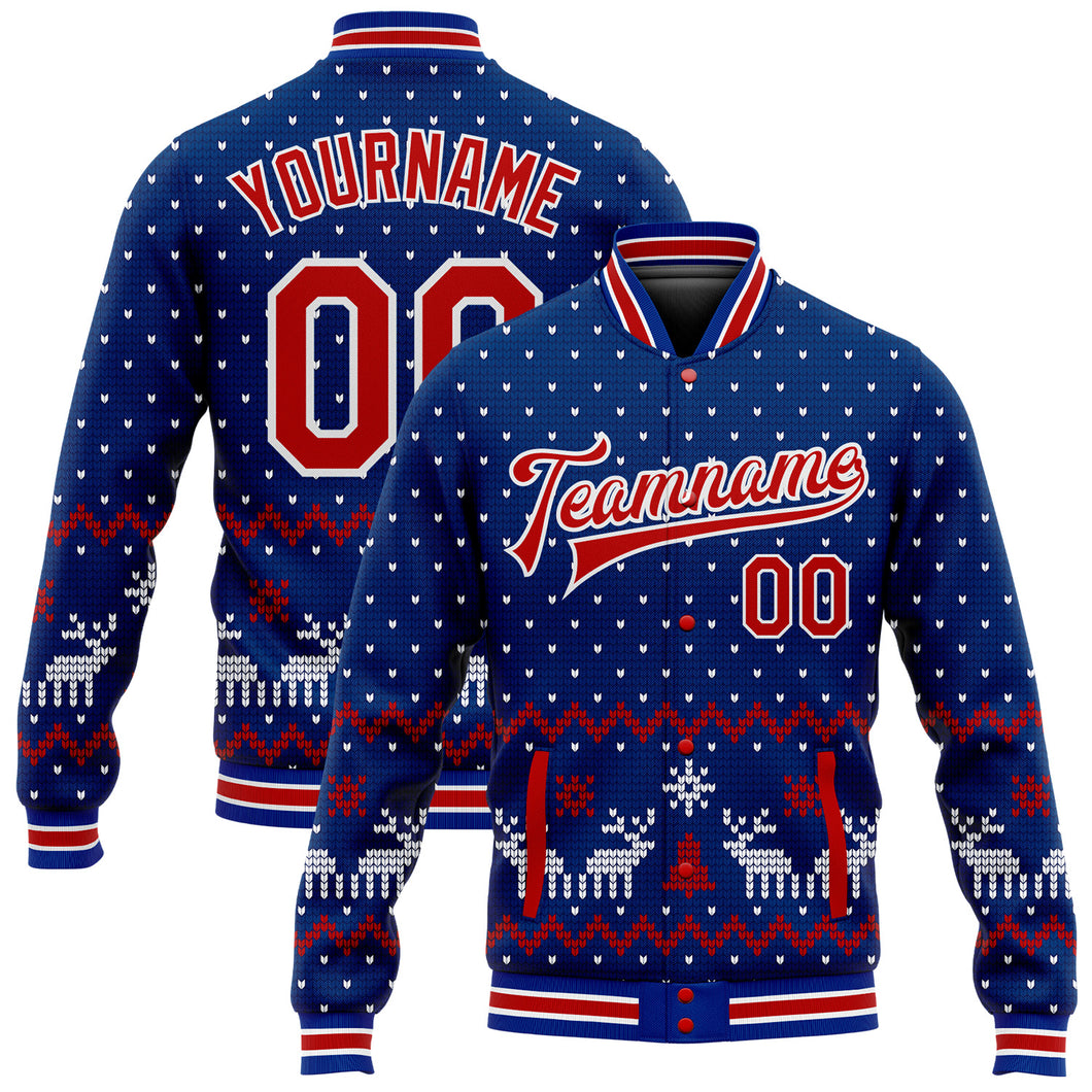 Custom Royal Red-White Christmas 3D Bomber Full-Snap Varsity Letterman Jacket