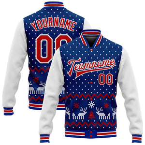 Custom Royal Red-White Christmas 3D Bomber Full-Snap Varsity Letterman Jacket