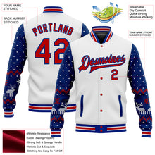 Laden Sie das Bild in den Galerie-Viewer, Custom White Red-Royal Christmas 3D Bomber Full-Snap Varsity Letterman Jacket
