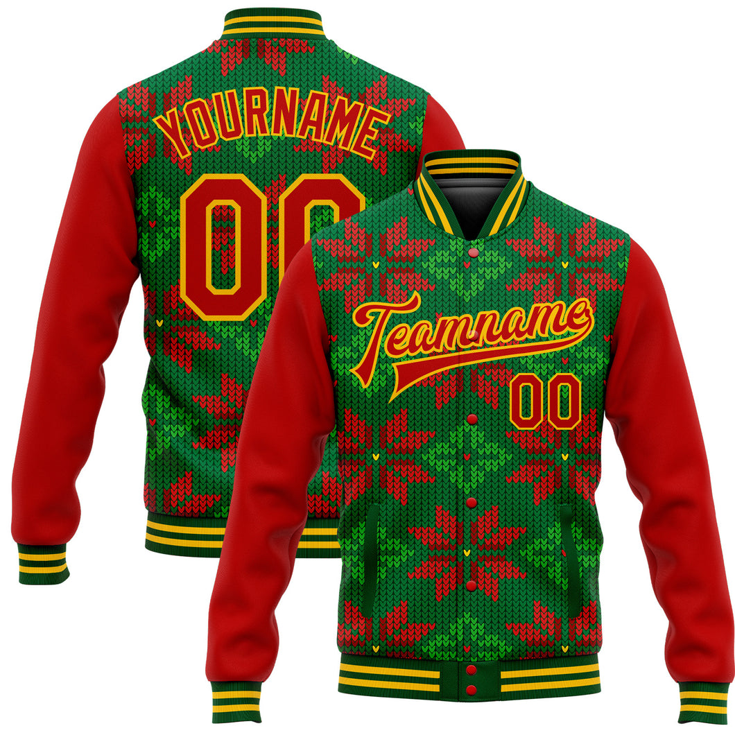 Custom Green Red-Gold Christmas 3D Bomber Full-Snap Varsity Letterman Jacket