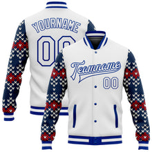 Laden Sie das Bild in den Galerie-Viewer, Custom White Royal-Navy Christmas 3D Bomber Full-Snap Varsity Letterman Jacket
