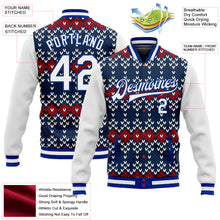 Laden Sie das Bild in den Galerie-Viewer, Custom Navy White-Royal Christmas 3D Bomber Full-Snap Varsity Letterman Jacket
