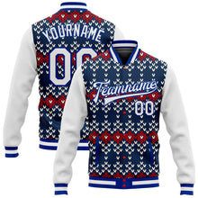 Laden Sie das Bild in den Galerie-Viewer, Custom Navy White-Royal Christmas 3D Bomber Full-Snap Varsity Letterman Jacket
