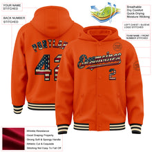 Загрузить изображение в средство просмотра галереи, Custom Orange Vintage USA Flag Black-Cream Bomber Full-Snap Varsity Letterman Hoodie Jacket
