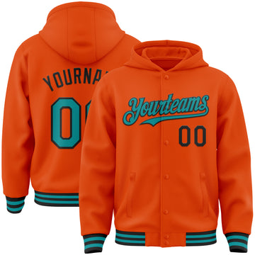 Custom Orange Teal-Black Bomber Full-Snap Varsity Letterman Hoodie Jacket