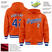 Charger l&#39;image dans la galerie, Custom Orange Royal-White Bomber Full-Snap Varsity Letterman Hoodie Jacket
