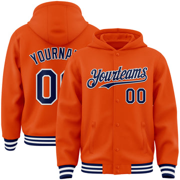 Custom Orange Navy-White Bomber Full-Snap Varsity Letterman Hoodie Jacket