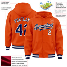 Charger l&#39;image dans la galerie, Custom Orange Navy-White Bomber Full-Snap Varsity Letterman Hoodie Jacket
