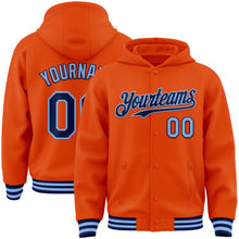 Charger l&#39;image dans la galerie, Custom Orange Navy-Light Blue Bomber Full-Snap Varsity Letterman Hoodie Jacket
