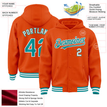 Загрузить изображение в средство просмотра галереи, Custom Orange Teal-White Bomber Full-Snap Varsity Letterman Hoodie Jacket
