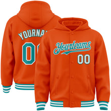 Загрузить изображение в средство просмотра галереи, Custom Orange Teal-White Bomber Full-Snap Varsity Letterman Hoodie Jacket
