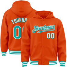 Charger l&#39;image dans la galerie, Custom Orange Aqua-White Bomber Full-Snap Varsity Letterman Hoodie Jacket
