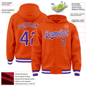 Custom Orange Purple-White Bomber Full-Snap Varsity Letterman Hoodie Jacket