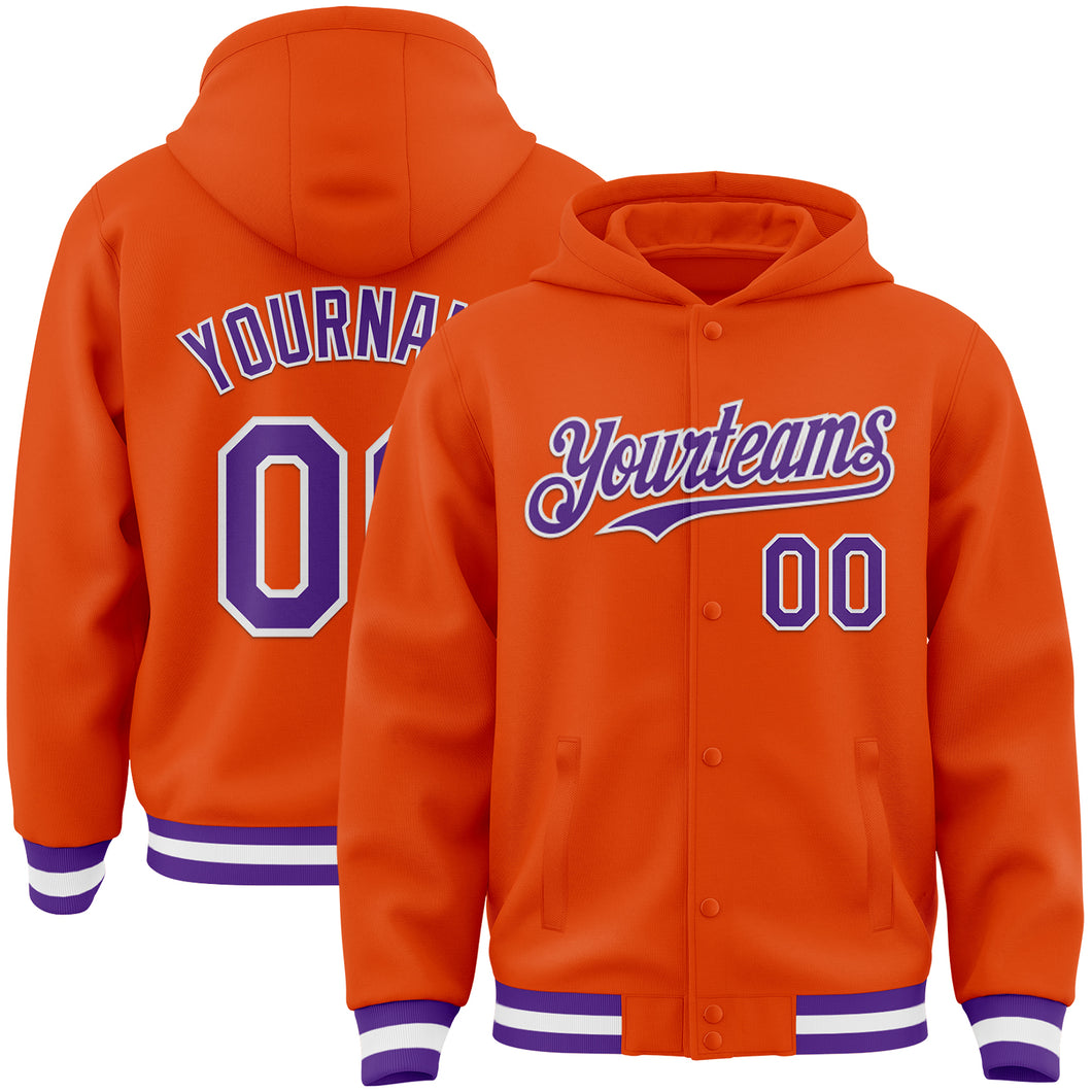 Custom Orange Purple-White Bomber Full-Snap Varsity Letterman Hoodie Jacket