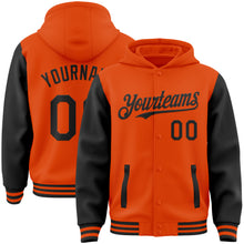 Charger l&#39;image dans la galerie, Custom Orange Black Bomber Full-Snap Varsity Letterman Two Tone Hoodie Jacket
