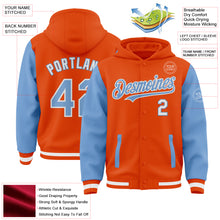 Загрузить изображение в средство просмотра галереи, Custom Orange Light Blue-White Bomber Full-Snap Varsity Letterman Two Tone Hoodie Jacket
