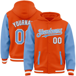 Custom Orange Light Blue-White Bomber Full-Snap Varsity Letterman Two Tone Hoodie Jacket