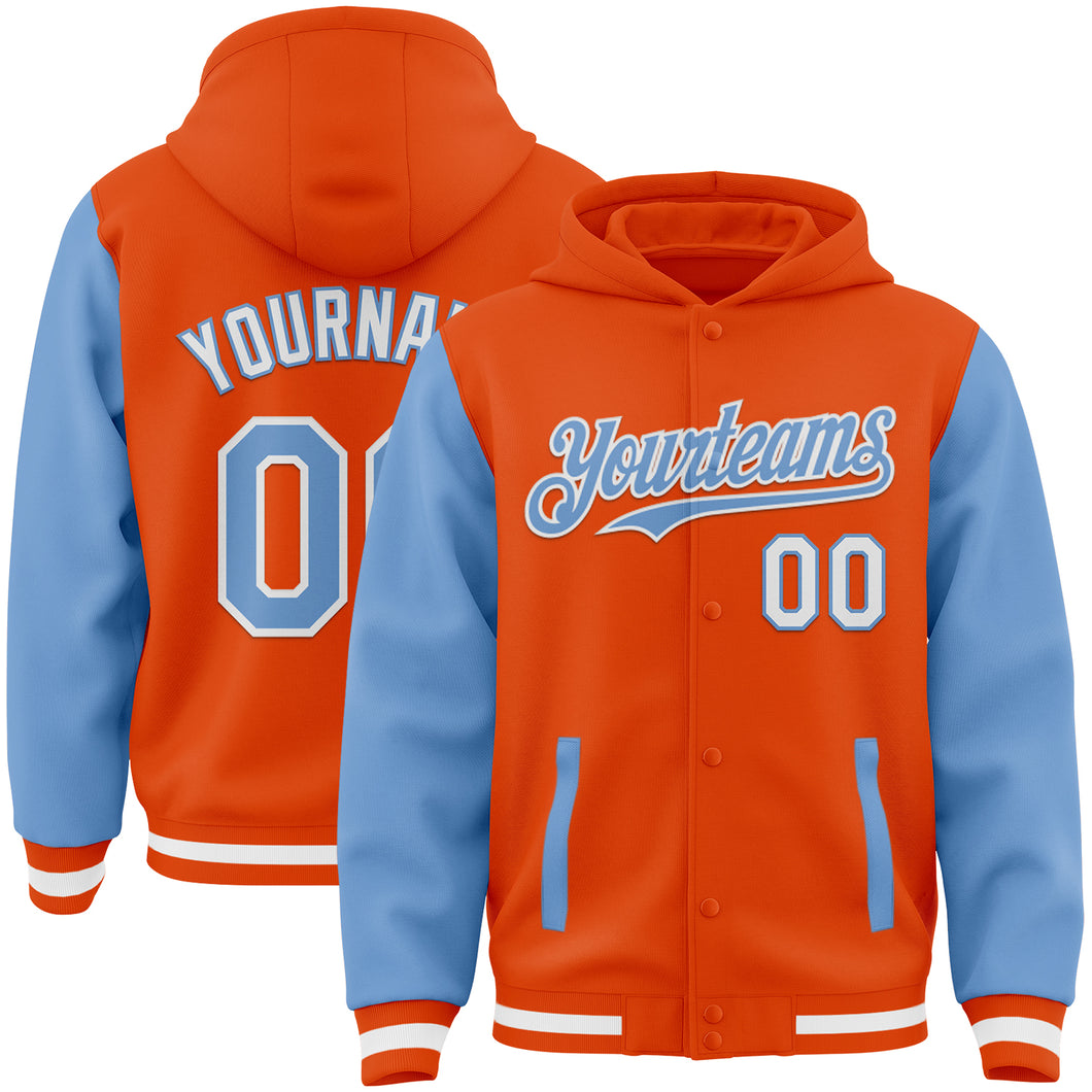 Custom Orange Light Blue-White Bomber Full-Snap Varsity Letterman Two Tone Hoodie Jacket