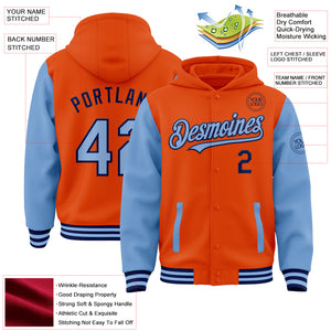 Custom Orange Light Blue-Navy Bomber Full-Snap Varsity Letterman Two Tone Hoodie Jacket