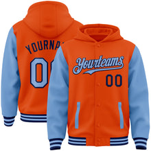 Загрузить изображение в средство просмотра галереи, Custom Orange Light Blue-Navy Bomber Full-Snap Varsity Letterman Two Tone Hoodie Jacket
