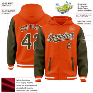 Custom Orange Olive-White Bomber Full-Snap Varsity Letterman Two Tone Hoodie Jacket