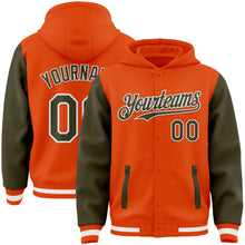 Загрузить изображение в средство просмотра галереи, Custom Orange Olive-White Bomber Full-Snap Varsity Letterman Two Tone Hoodie Jacket
