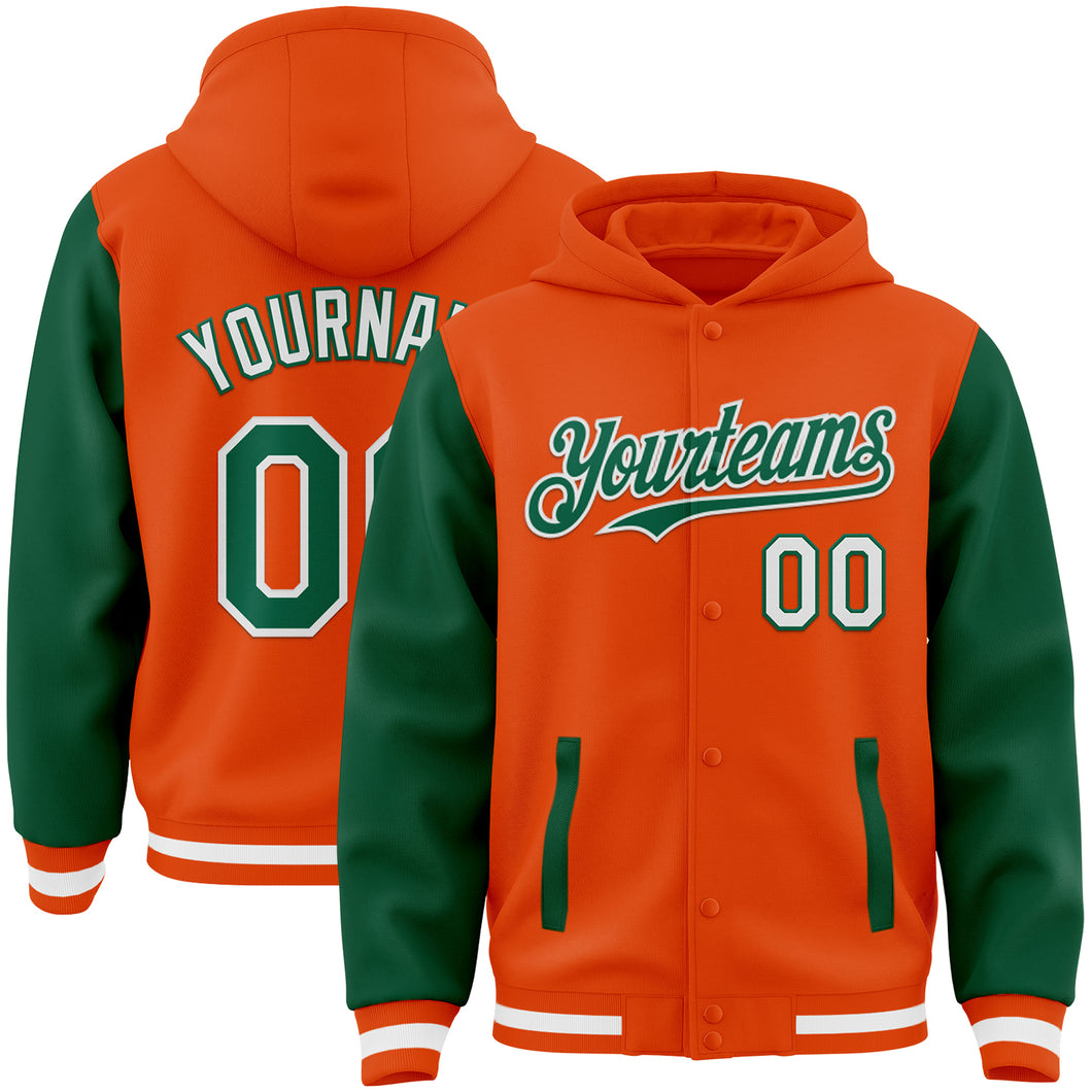 Custom Orange Kelly Green-White Bomber Full-Snap Varsity Letterman Two Tone Hoodie Jacket