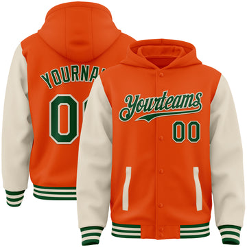 Custom Orange Green-Cream Bomber Full-Snap Varsity Letterman Two Tone Hoodie Jacket