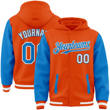 Charger l&#39;image dans la galerie, Custom Orange Powder Blue-White Bomber Full-Snap Varsity Letterman Two Tone Hoodie Jacket
