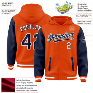 Custom Orange Navy-White Bomber Full-Snap Varsity Letterman Two Tone Hoodie Jacket