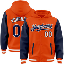 Charger l&#39;image dans la galerie, Custom Orange Navy-White Bomber Full-Snap Varsity Letterman Two Tone Hoodie Jacket
