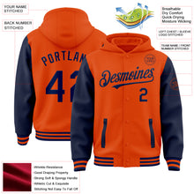 Загрузить изображение в средство просмотра галереи, Custom Orange Navy Bomber Full-Snap Varsity Letterman Two Tone Hoodie Jacket
