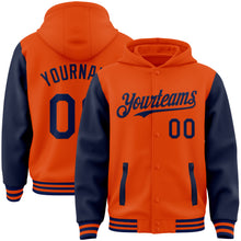 Загрузить изображение в средство просмотра галереи, Custom Orange Navy Bomber Full-Snap Varsity Letterman Two Tone Hoodie Jacket
