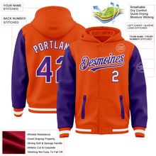 Загрузить изображение в средство просмотра галереи, Custom Orange Purple-White Bomber Full-Snap Varsity Letterman Two Tone Hoodie Jacket
