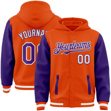 Загрузить изображение в средство просмотра галереи, Custom Orange Purple-White Bomber Full-Snap Varsity Letterman Two Tone Hoodie Jacket
