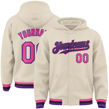 Charger l&#39;image dans la galerie, Custom Cream Pink Purple-Black Bomber Full-Snap Varsity Letterman Hoodie Jacket
