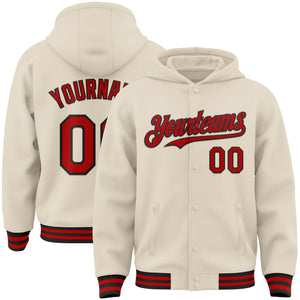 Custom Cream Red-Black Bomber Full-Snap Varsity Letterman Hoodie Jacket