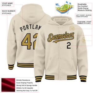 Custom Cream Old Gold-Black Bomber Full-Snap Varsity Letterman Hoodie Jacket