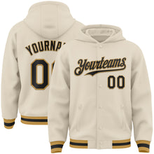 Charger l&#39;image dans la galerie, Custom Cream Black-Old Gold Bomber Full-Snap Varsity Letterman Hoodie Jacket
